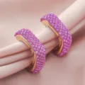 Pink crystal pavé geometric hoop earrings, stylish sparkling square metal ear studs for women. - Geometric Square Pink Rhinestone Style (A24-300)