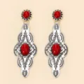 Bohemian vintage silver red stone drop earrings ethnic geometric earrings for women - Long Carved Geometric Red Stone Style (HY523R)