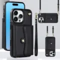 Vista detallada de funda de cuero negro para móvil con tarjetero y correa ajustable. - Negro / 16 Pro Max