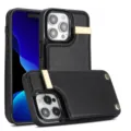 Detalle de funda para iPhone de piel negra con tarjetero, herrajes de metal dorado y función soporte. - Negro / iPhone16