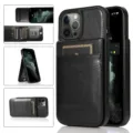 Zwarte lederen telefoonhoesje met kaartgleuven en standaard, multi-hoek weergave. - iPhone 11 6.1 / Zwart
