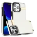 Elegante funda de cuero blanco para teléfono con tarjetero y soporte dorado iPhone. - Blanco / iPhone16