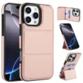 Detalle de funda de teléfono de cuero rosa con tarjetero y soporte plegable integrado. - Rosa oro