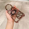 Funda de teléfono magnética transparente chapada en oro rosa con soporte y protector. - Rosa