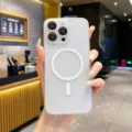 Matte frosted magnetic phone case detail view, showing MagSafe ring and camera protection design. - iPhone16PROMAX / White