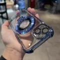 Funda de teléfono magnética transparente con soporte y protección de cámara galvanizada. - Cojín de aire en las cuatro esquinas / Azul Sierra / iPhone 16E