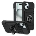 Funda protectora resistente con soporte de anillo tarjetero magnético para iPhone 16 15 14 - Negro / iPhone 16e