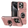 Detalle de funda robusta en oro rosa con soporte de anillo integrado, tarjetero y base magnética. - Rosa
