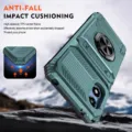 Rugged phone case detail view showing anti-fall TPU frame and metal ring kickstand. - Green / MOTO G 5G 2024