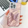 Pink glitter water ripple phone case with butterfly stand and lens protector for iPhone. - Integrated Lens Film + Butterfly Stand (For iPhone13) / Water Ripple - Pink