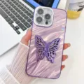 Detailed view of shiny water wave iPhone case featuring a gorgeous butterfly stand and lens film. - Integrated Lens Film + Butterfly Stand (For iPhone13) / Water Ripple Purple
