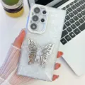 Luxury shell pattern phone case with silver butterfly stand and camera lens protector. - Butterfly Stand Style / For iPhone 13 / Shell Pattern - White