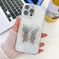 Luxury mother-of-pearl texture iPhone case with 3D silver butterfly ring stand and camera protection film. - Integrated Lens Film + Butterfly Stand (For iPhone13) / Shell Pattern - White