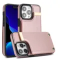 Detalle funda iPhone cuero rosa con tarjetero billetera y soporte cierre metálico. - Rosa oro