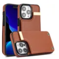 Funda de cuero marrón para teléfono con tarjetero y soporte para iPhone, estilo lujo. - Marrón / iPhone16