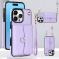 Funda de cuero morado con tarjetero y correa cruzada, vista detallada de los bolsillos. - Púrpura / 16 Pro Max
