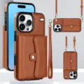 Funda de telefono de cuero marron con tarjetero, correa cruzada y correa para muneca. - Marrón / 16 Pro Max