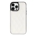 Close up detail of white quilted leather phone case with black frame for iPhone 16 Pro Max. - White / iPhone 16