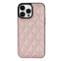 Detailed view of the pink quilted leather iPhone case featuring a convenient card slot pocket. - Rose Gold
