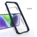 Detailed view of the black metal silicone bumper frame case for modern smartphone protection. - Black / iPhone 15