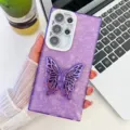 Funda morada con textura de concha y soporte de mariposa de metal para Samsung S24 Ultra - Estilo con Soporte de Mariposa / Para iPhone 13 / Patrón de Concha - Púrpura