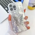Shiny glitter iPhone case with silver 3D butterfly stand and luxury foil texture design. - Crinkled Silver With Butterfly Stand / iPhone 13