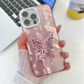 Pink glitter phone case with butterfly stand and foil texture. Detailed close-up view. - Crinkled Pink With Butterfly Stand / iPhone 13