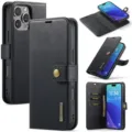 Zwarte lederen portemonnee telefoonhoesje met kaartgleuven, magnetische sluiting en stand. - iPhone 16 Pro Max / Zwart