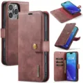 Gedetailleerd overzicht van wijnrode lederen telefoonhoes met kaartsleuven en magneet. - iPhone 16 Pro Max / Rood