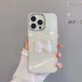 Pearlescent shell phone case with cute 3D bow detail and electroplated camera protection. - iphone15promax / Electroplated Shell Texture Bowknot