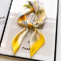 Yellow floral small square silk scarf for women, elegant 70x70cm neckerchief and hair band accessory. - Golden Flower - Yellow