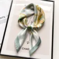 Floral silk scarf elegant lotus print square neckerchief for women fashion daily wear spring summer - Gold Trim Lotus - Blue