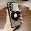 Vista dettagliata della custodia per telefono con strass e glitter di lusso con supporto. - Nero Strass Glitter Sfumato con Supporto Magnetico / Samsung A15