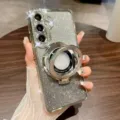 Custodia per telefono glitterata con supporto anello magnetico e strass fotocamera. - Argento Strass Glitter Sfumato con Supporto Magnetico / Samsung A15