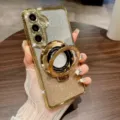 Vista dettagliata della custodia per cellulare glitterata con strass e anello di supporto. - Oro Strass Glitter Sfumato + Supporto Magnetico / Samsung A15