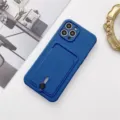 Detailed view of the blue matte TPU phone case featuring a practical card slot pocket and strap. - Blue / iPhone 12