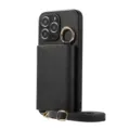 Black leather crossbody phone case with card holder, wallet pocket, and ring strap for iPhone. - iPhone 16 / Black