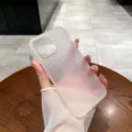 Detailed view of translucent frosted vertical striped phone case, soft TPU material. - 13pro / Matte Transparent