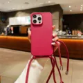 Mat telefoonhoesje met lanyard voor iPhone, schokbestendige beschermhoes met lange riem. - iPhone16promax / Donkerrood