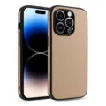 Lychee pattern leather phone case with full camera protection and shockproof black bumper frame. - Camel