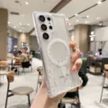 Clear glitter magnetic phone case for Samsung S23 Ultra with shimmering stars design. - iPhone 11 / White