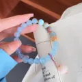 Blue natural stone beaded bracelet with cute cat paw pendant and flower spacer for sweet style. - Aquamarine with Shoushan Stone and Bodhi Cat Paw