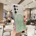 Samsung S23 Ultra clear glitter magnetic phone case detail view, stylish TPU protective cover - Green
