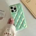 Detailed view of the glossy pastel green quilted phone case with full camera protection. - iPhone 12 / Plaid Green