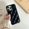 Minimalist black quilted phone case for iPhone, soft leather chic protective cover. - iPhone 12 / Plaid Black