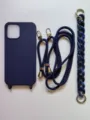 Dark blue silicone phone case with braided crossbody lanyard and marble acrylic chain strap. - iPhone XR / Navy Blue