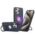 Coque de téléphone magnétique en cuir bleu foncé avec support pour iPhone, protection. - iPhone 15 Pro Max / Bleu