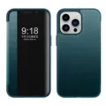 Luxe lederen flip telefoonhoesje met kijkvenster voor iPhone, volledige beschermhoes. - Bergblauw / iPhone 15 Pro Max