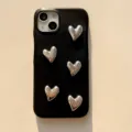 Black leather phone case with 3D silver hearts, stylish protective cover for iPhone 15 14 13 - Litchi Texture Five Hearts (Back Cover) / iPhone X/XS / Black