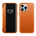 Luxe oranje kunstlederen flip telefoonhoesje met kijkvenster voor iPhone beschermhoes - Danxia oranje / iPhone 15 Pro Max
